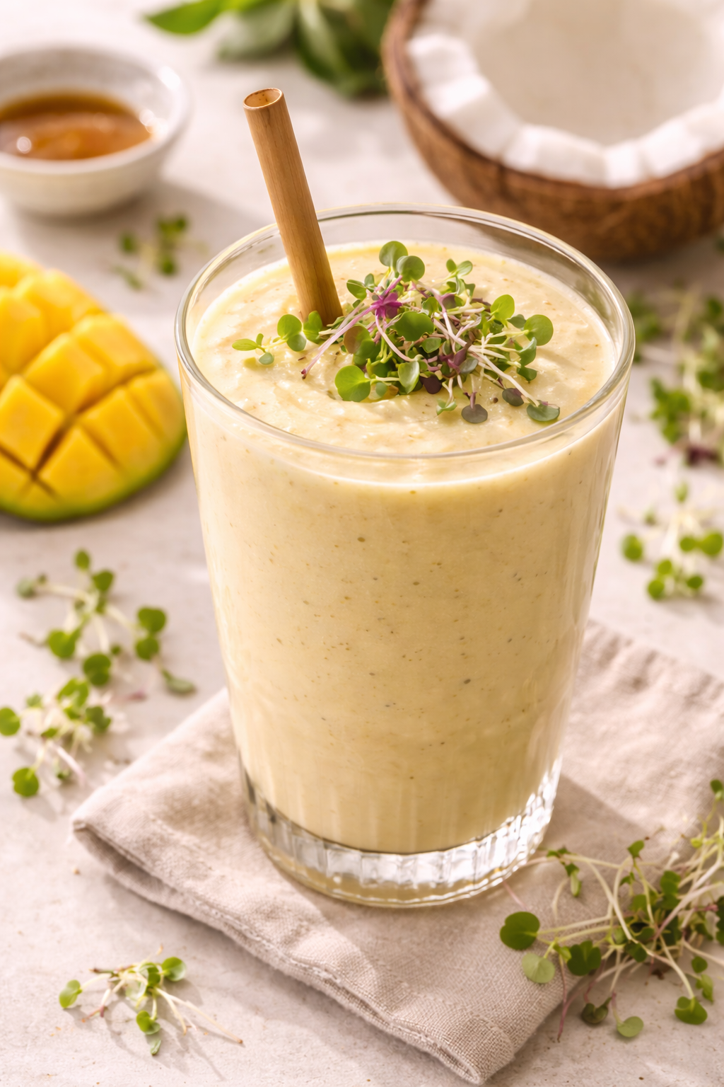 Smoothie mangue, coco & micro-pousses de radis