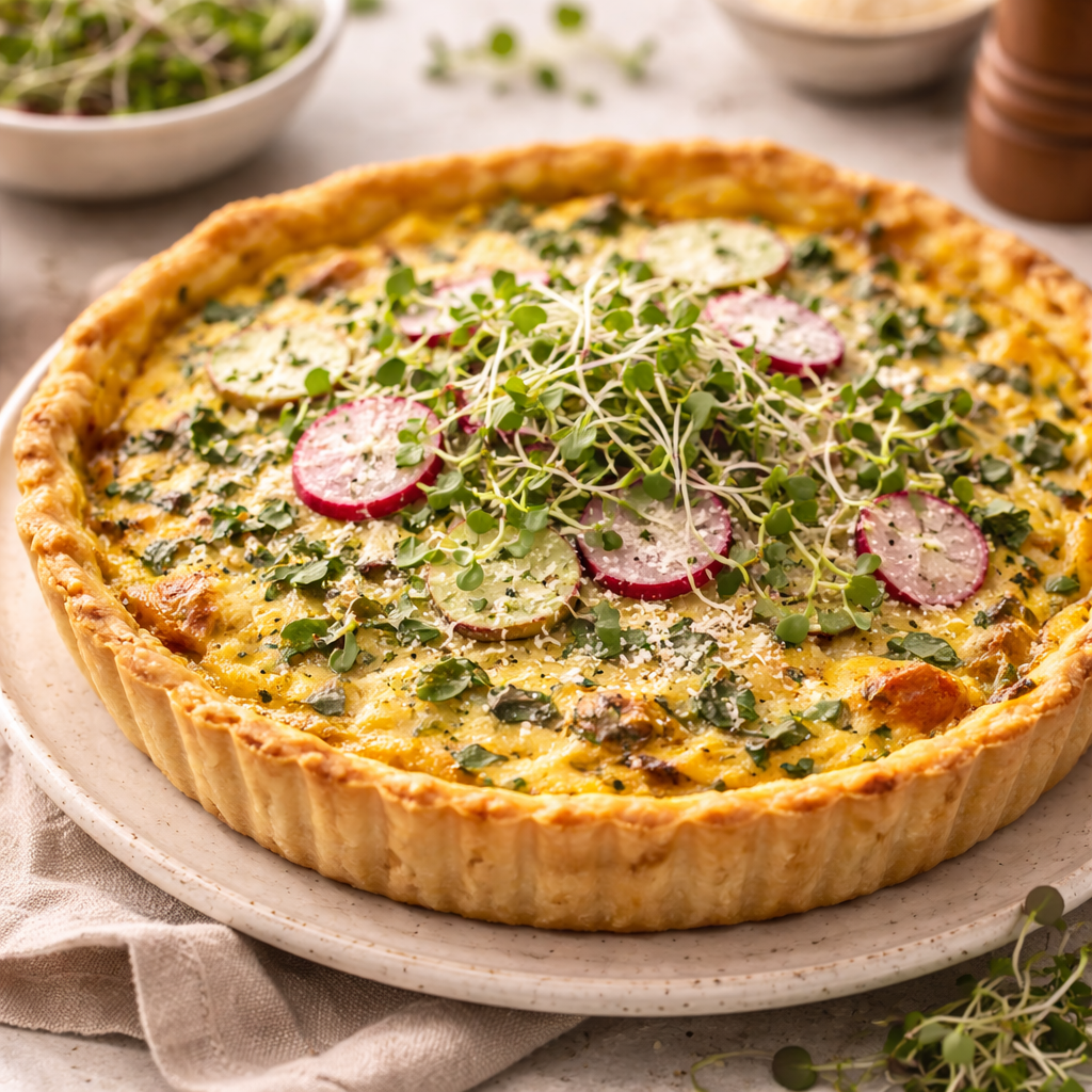 Tarte salée aux herbes fraîches et micro-pousses