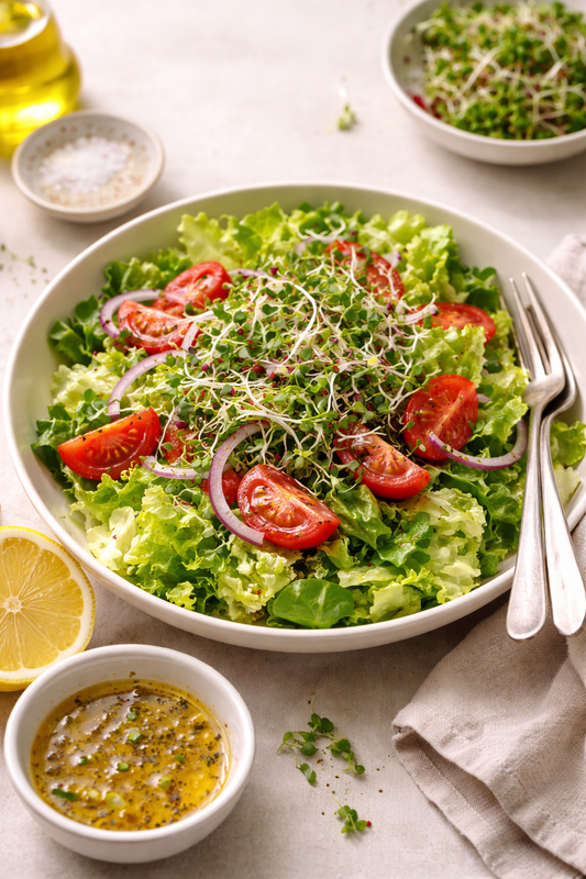 Salade fraîche aux micro-pousses et vinaigrette citron-miel